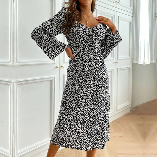 PRINTED LONG SLEEVE V-NECK LACE-UP LONG DRESS