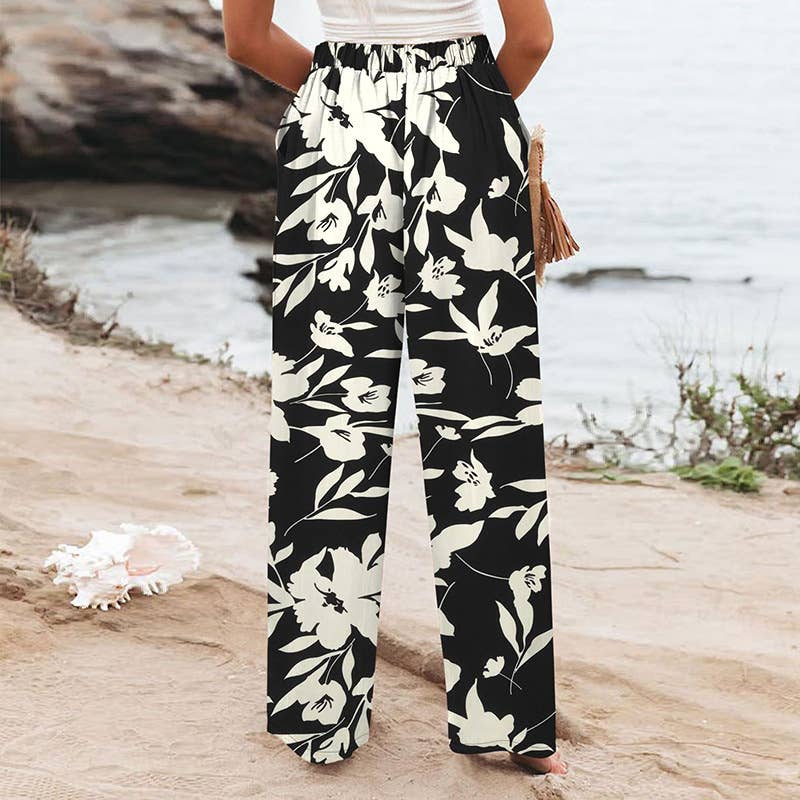 Leaf Print High Waist Wide Leg Trousers