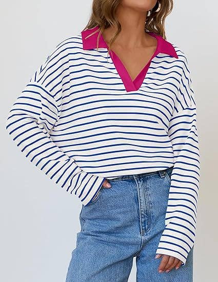 STRIPED V-NECK LOOSE LONG-SLEEVED HOODIE