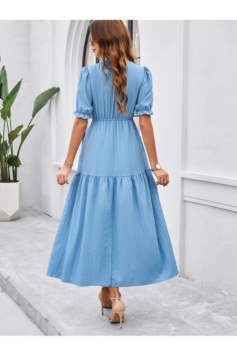 CWDMD2403_V-Neck Smocking Short Sleeve Split Midi Dress