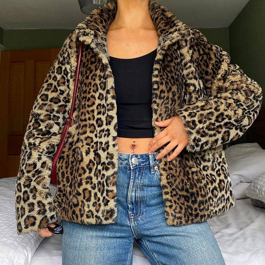 LEOPARD PRINT FUR LAPEL BAGGY VINTAGE ZIP HOODIE