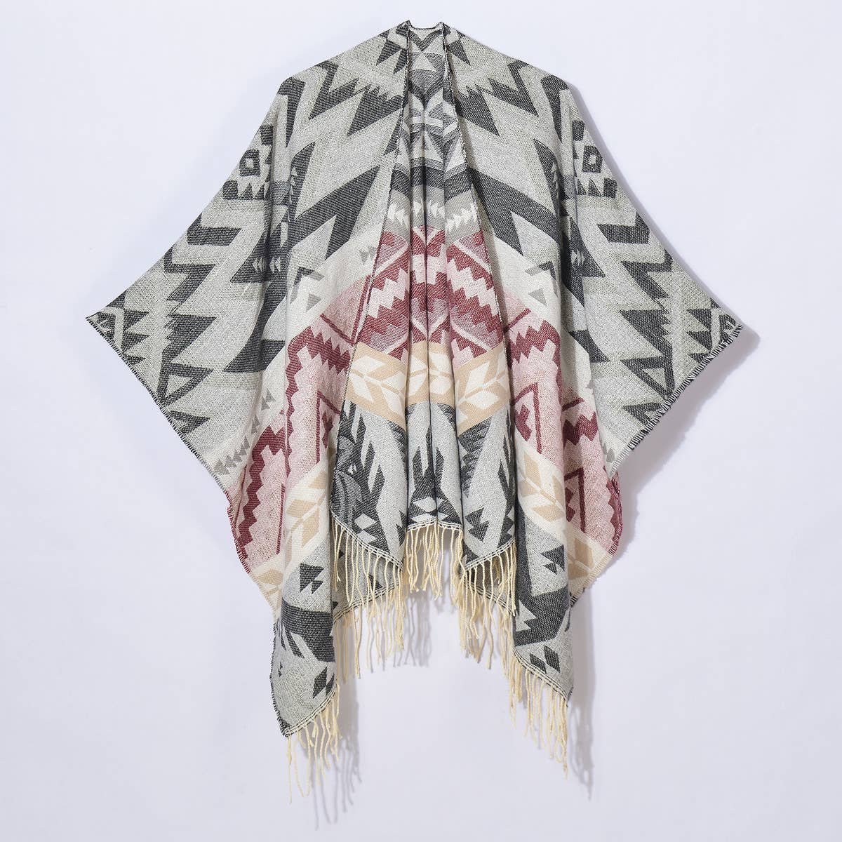 GEOMETRIC WAVE TASSEL SLIT SHAWL