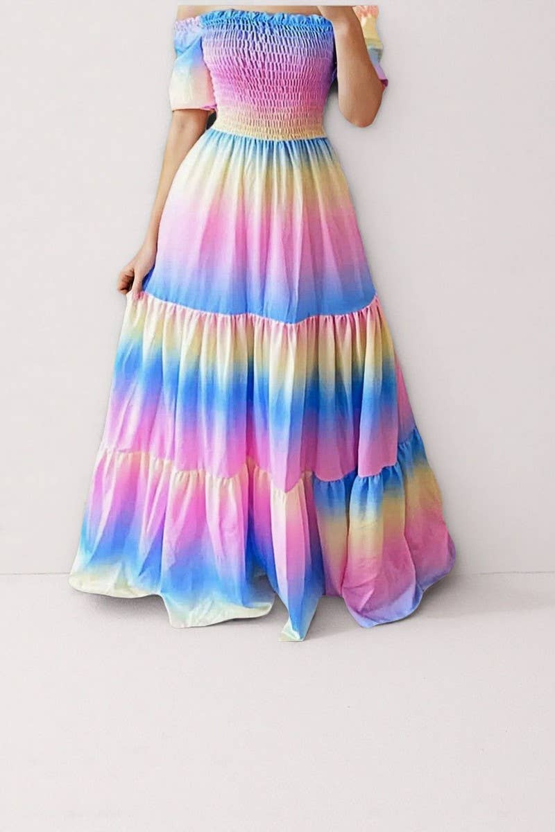 CWDMD5399_OFF SHOULDER RUFFLE FLORAL PRINT MAXI DRESS