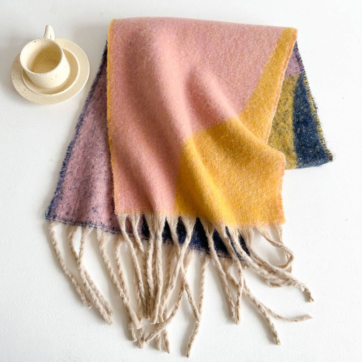 Geometric Fringe Wool Scarf,Thick Colorblock Shawl
