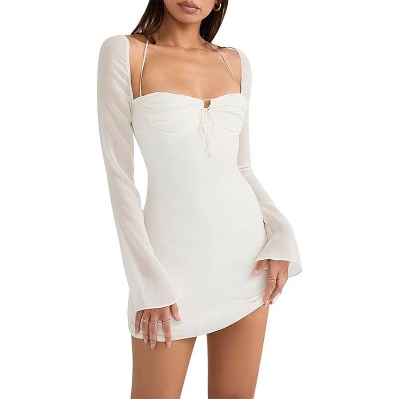 Sexy lace-up halter flared sleeve sheath dress