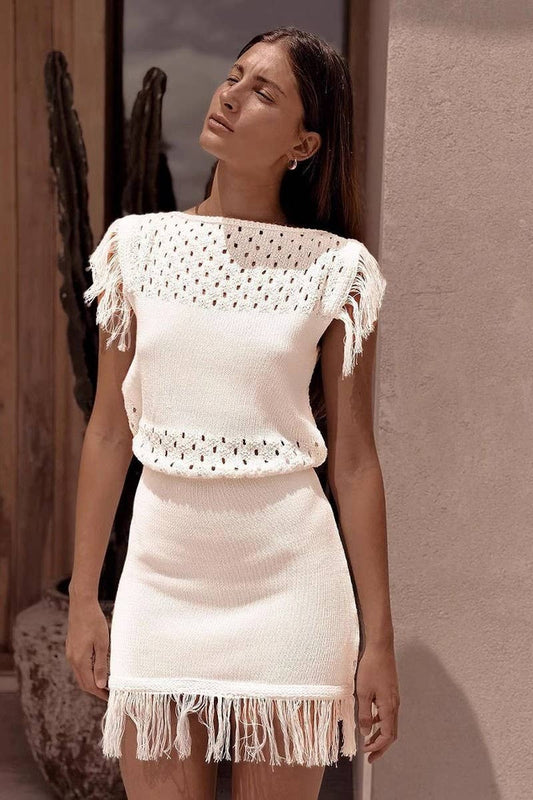 CWDSD6784_SOLID COLOR HOLLOW TASSEL KNITTED LONG DRESS