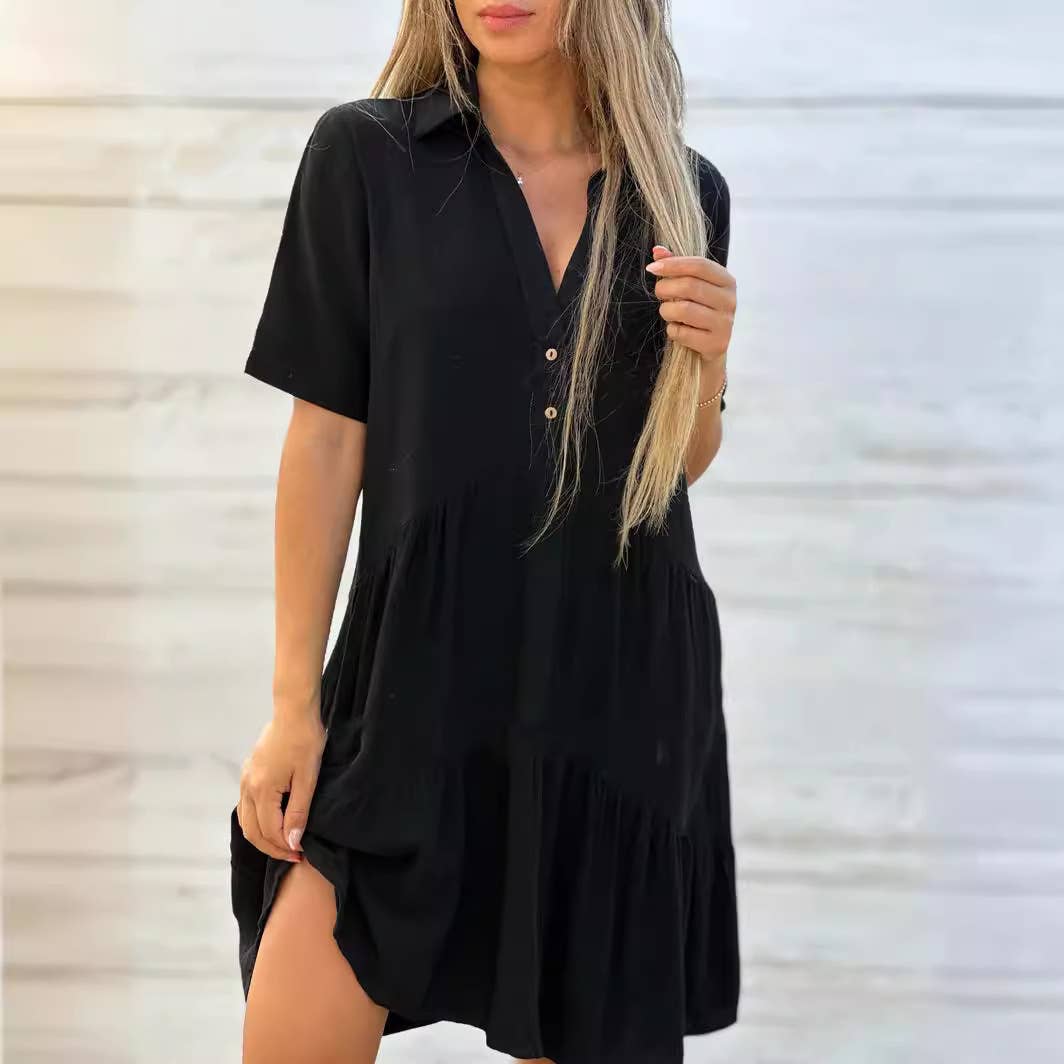 Loose solid color lapel short sleeve linen dress