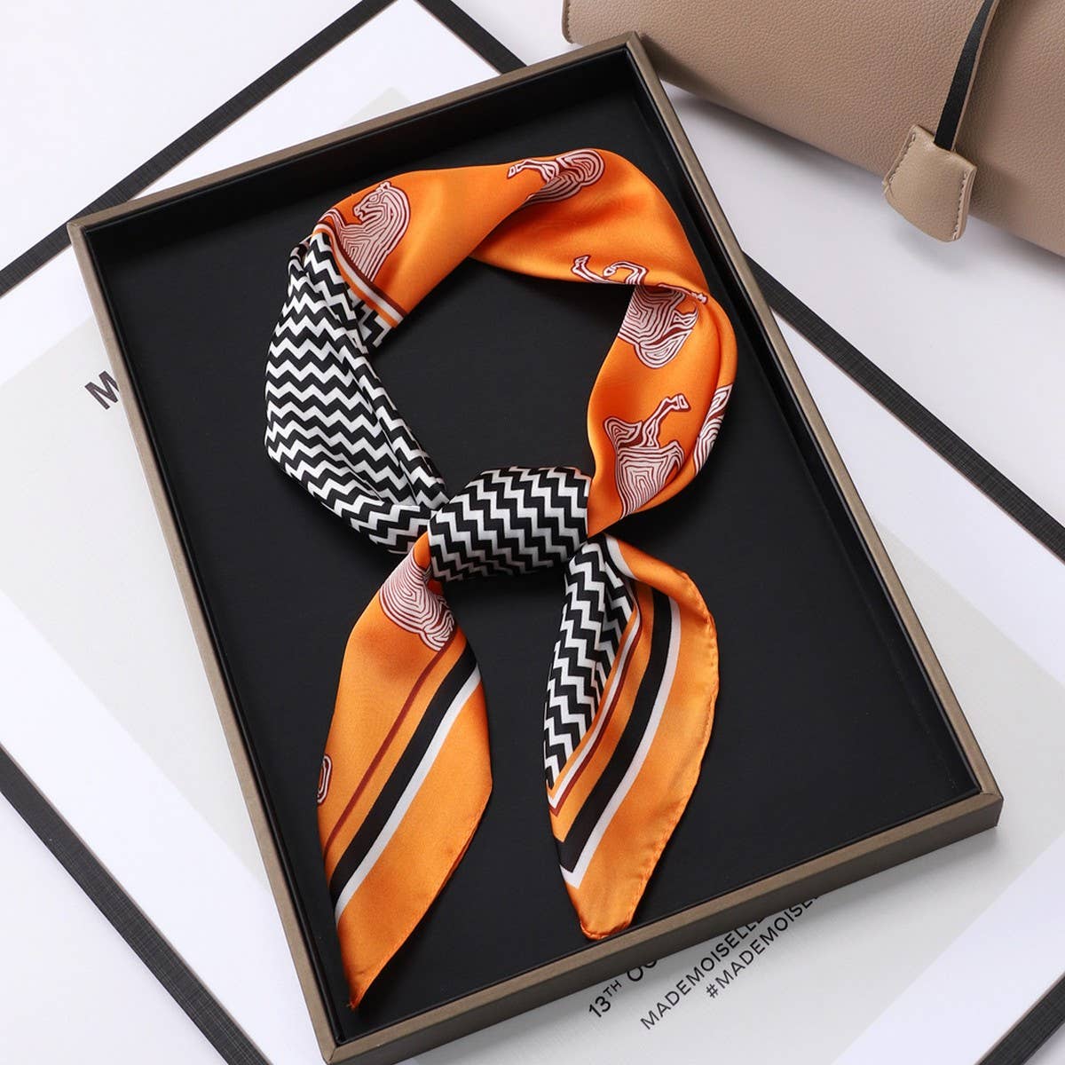 Vintage Letter Print Satin Square Scarf for Women