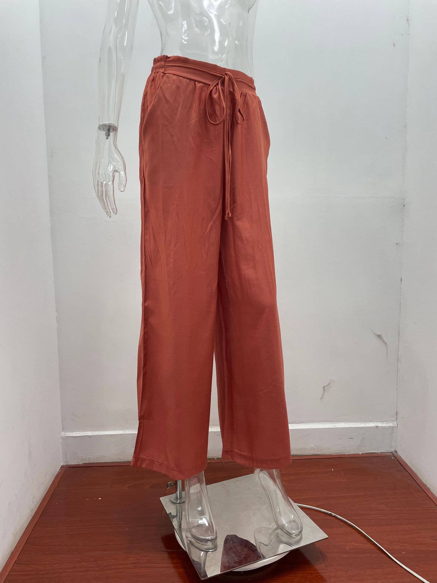 Solid-color loose tight waistband wide-leg pants