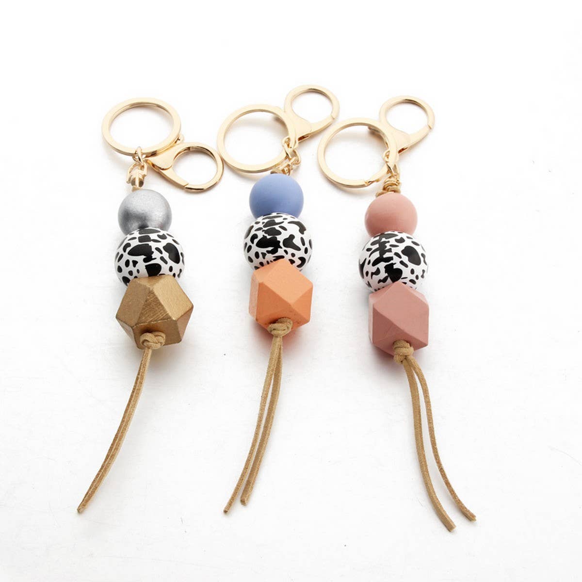 Leopard Wood Bead Keychain with Mini Tassel