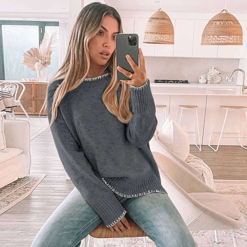 Round-neck casual split long-sleeved sweater