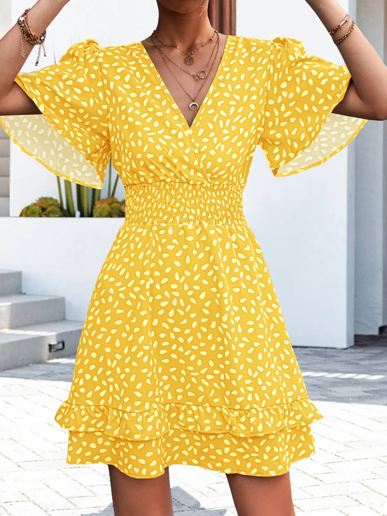 V-NECK DRESS WITH PINCHED SLEEVES