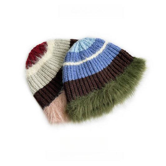 STRIPED COLORBLOCK PLUSH EDGE WOMEN'S KNITTED HAT_CWAH2062