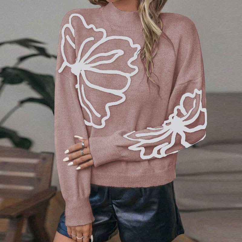 Three-dimensional flower high-neck sweater