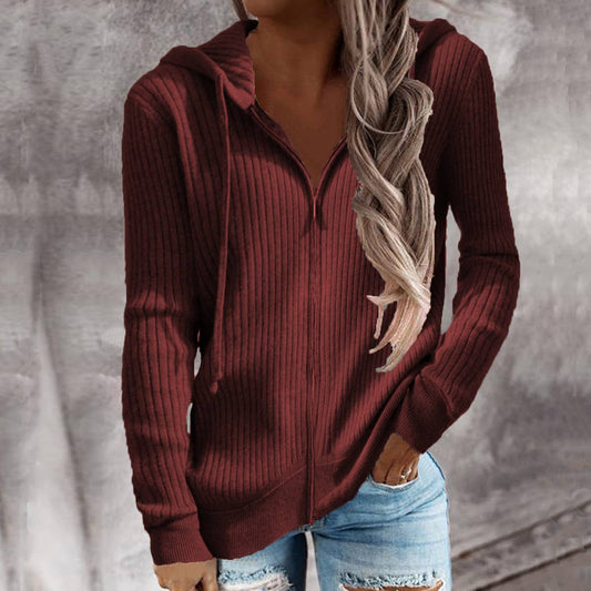 SOLID COLOR KNIT ZIPPER HOODED CARDIGAN COAT