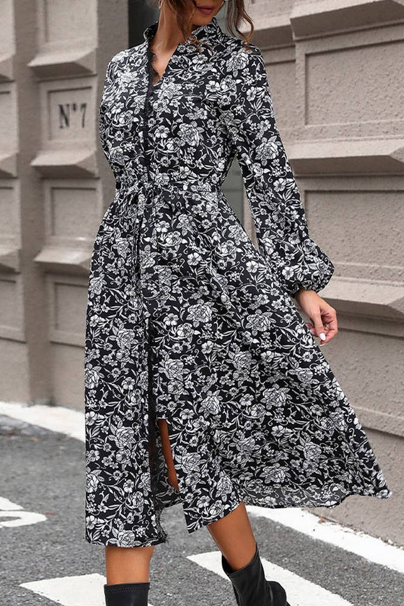 CWDMD3098_STAND COLLAR LACE STITCHING PRINTED SHIRT DRESS