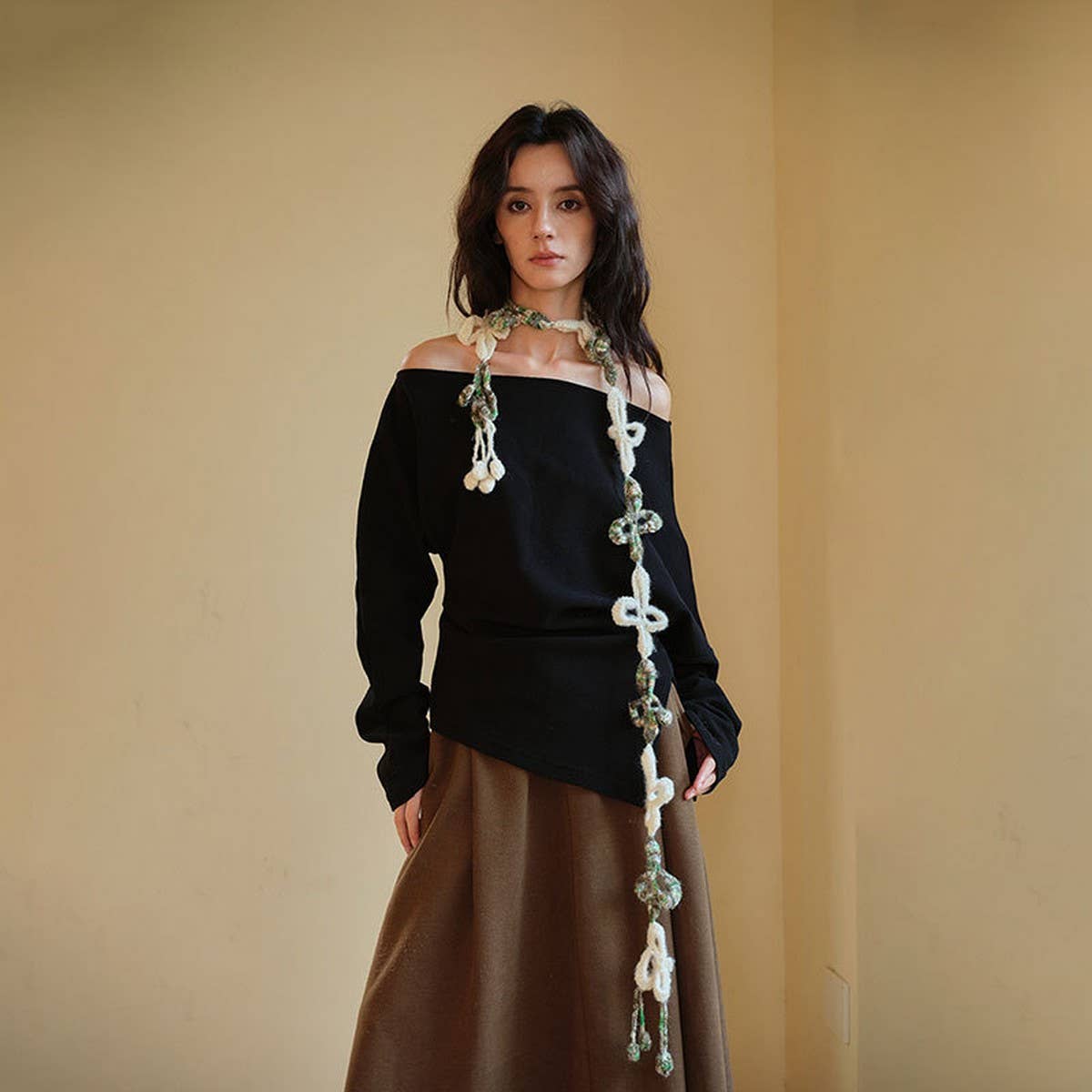 Floral Knit Skinny Scarf - Crochet Neck Wrap