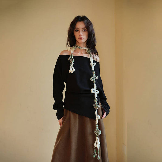 Floral Knit Skinny Scarf - Crochet Neck Wrap