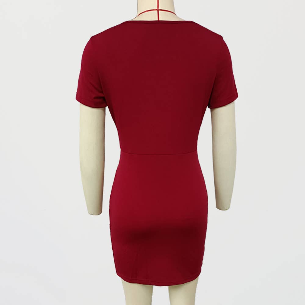 Waist pleated V-neck short-sleeved dress