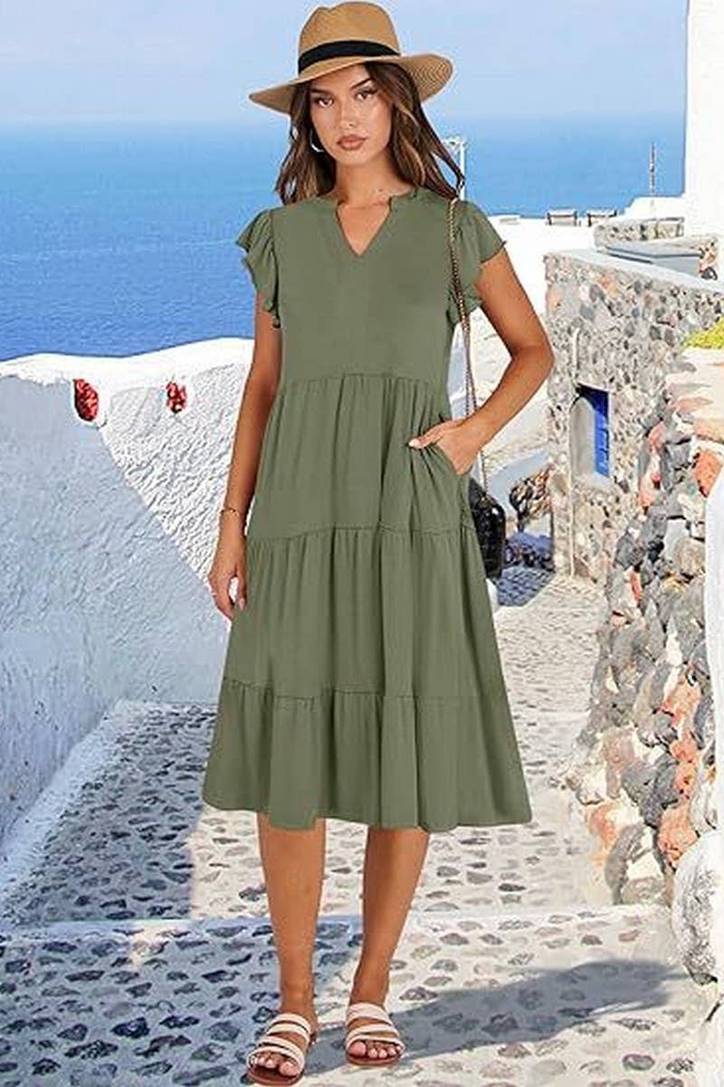 CWDMD6340_V-NECK RUFFLE SLEEVES WIDE POCKET DRESS