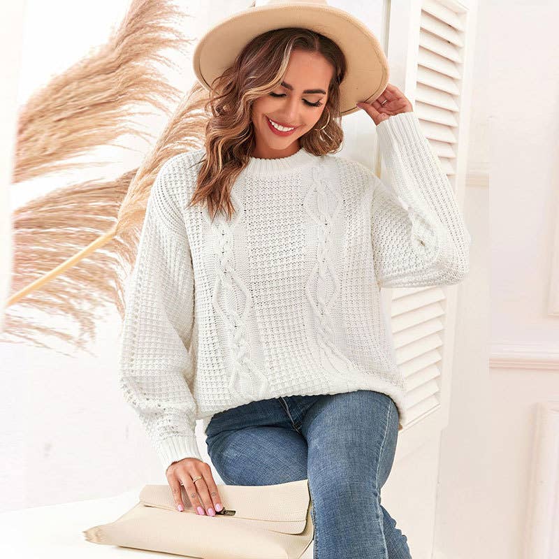 SOLID COLOR CREW NECK TWIST PULLOVER SWEATER