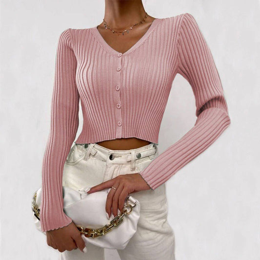 V-NECK PIT STRIP SINGLE BREASTED SHORT CARDIGAN