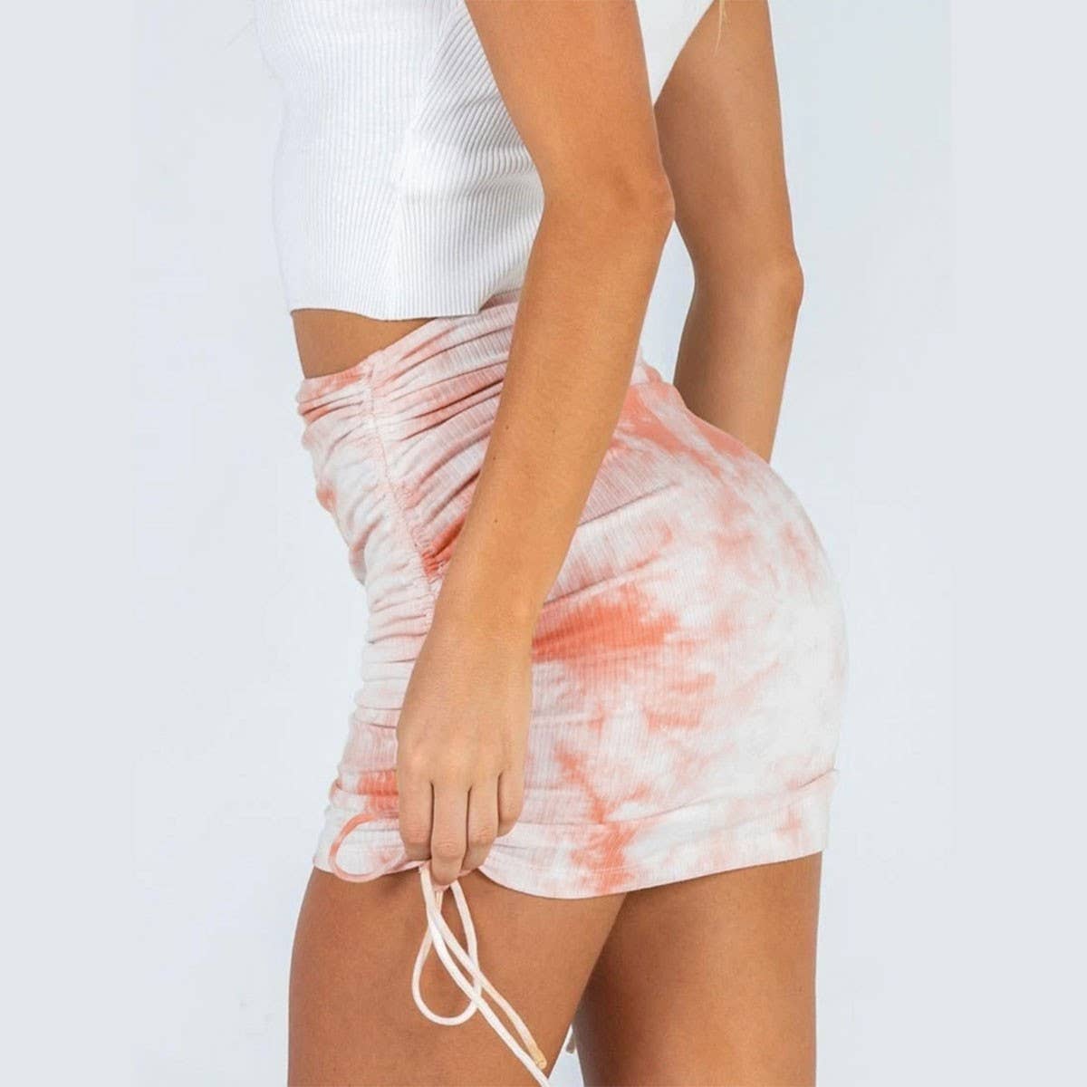 KNITTED DRAWSTRING SKIRT TIE-DYE PLEATED SKIRT