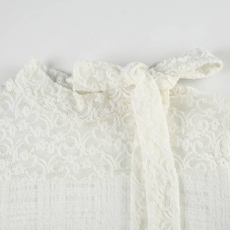 SOLID COLOR BOW AND LACE PULLOVER HALF-NECK TOP