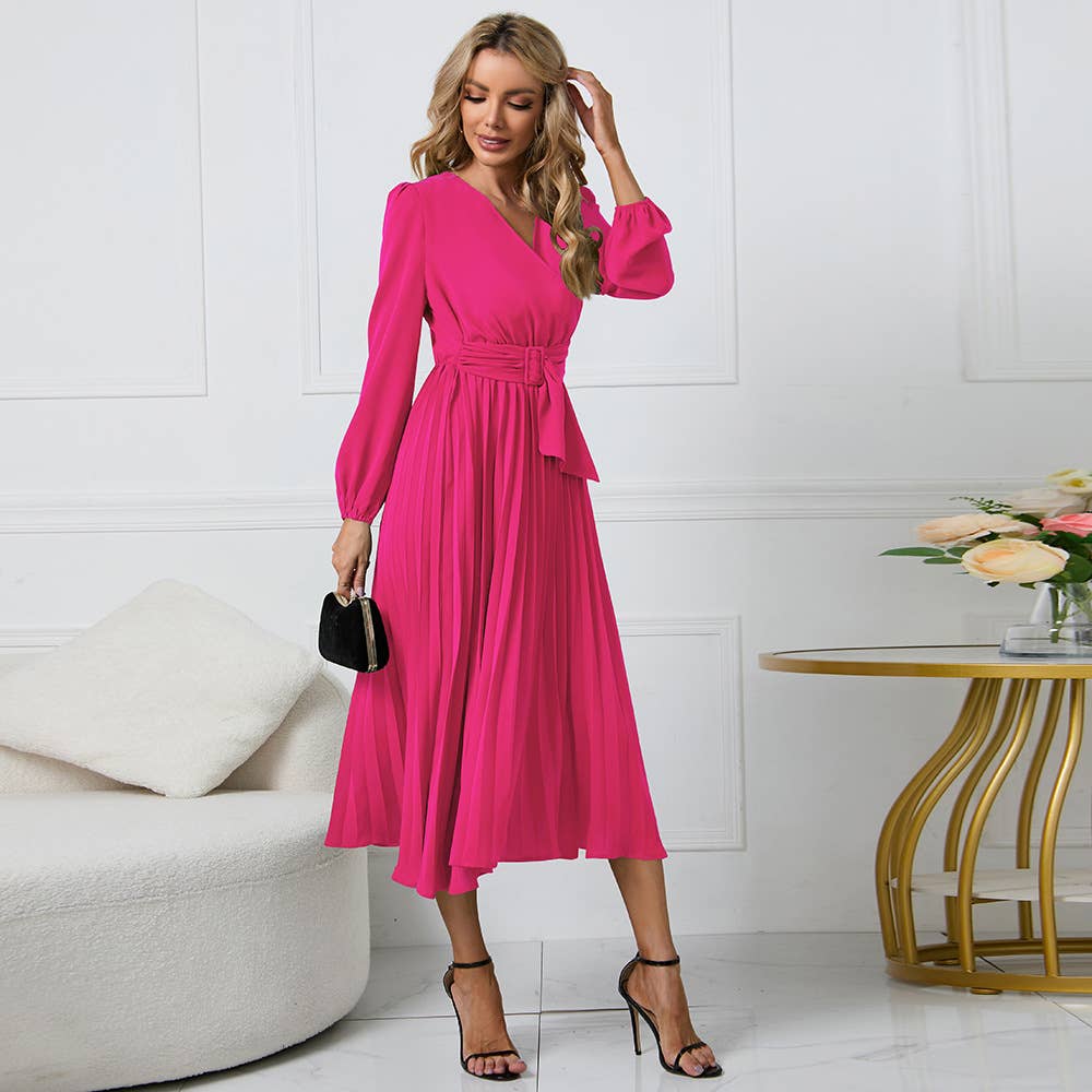 Long Sleeve Fit Pleated Waist Belt V-neck Dress