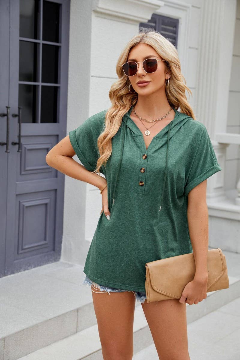 CWOHOS0016_Button Neck Short Sleeve Hoodi Knit Top