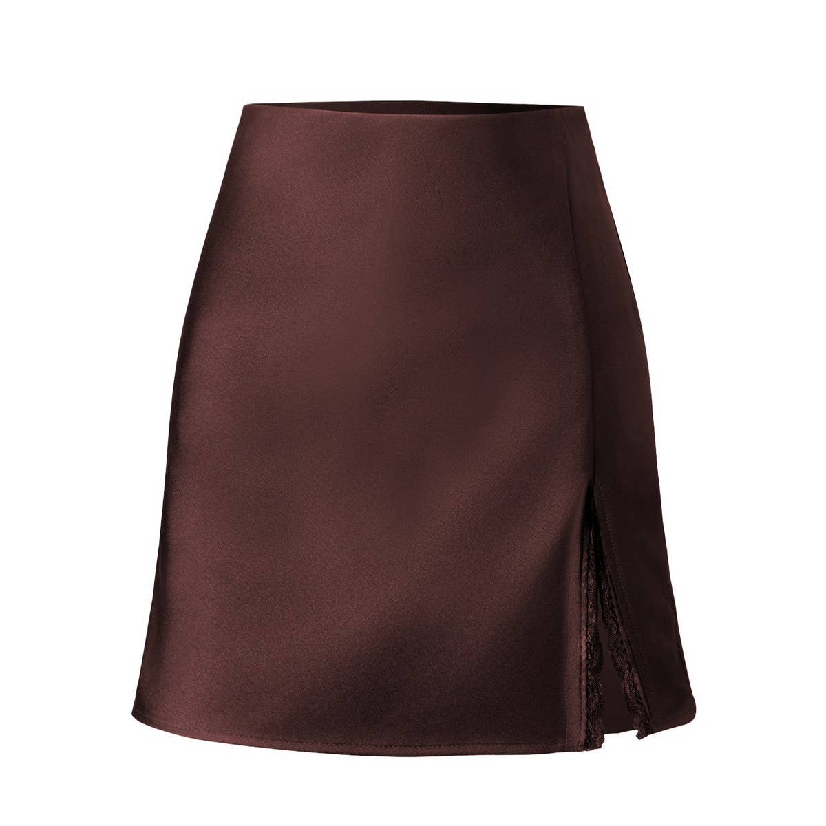 SATIN SKIRT LACE SLIT HIGH WAISTELASTIC SHORTSKIRT