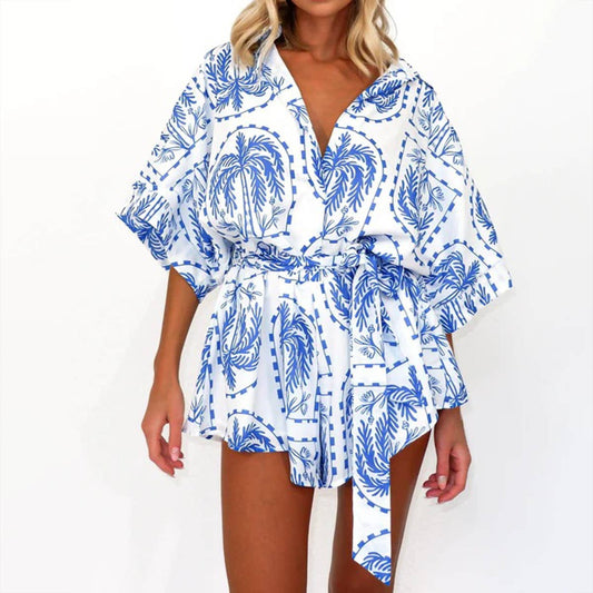 Waist-cinched lace-up V-neck geometric jumpsuit