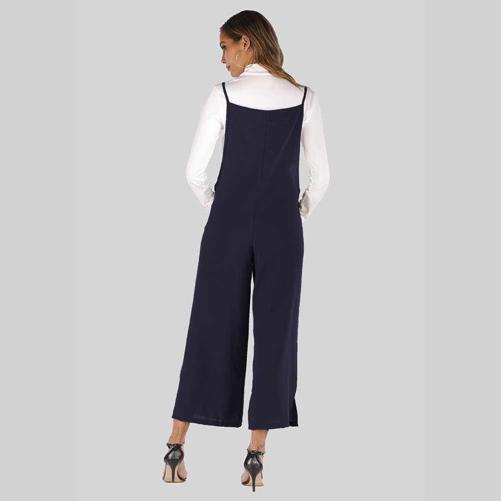 Solid-color straight-leg overalls jumpsuit