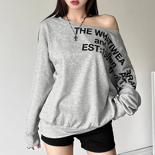 SLANT SHOULDER LETTER-PRINT LOOSE PULLOVER HOODIE