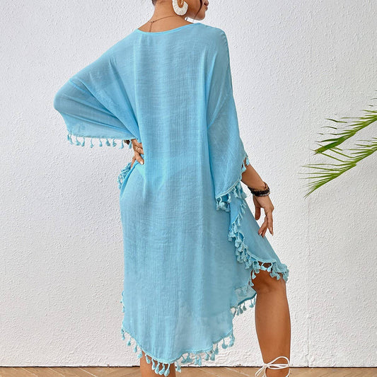 CROCHET PANEL TASSEL BIKINI BEACH COVER-UP