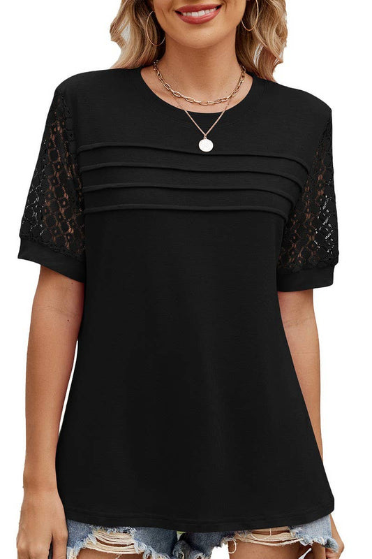 Cwtbls1726_Solid Color Round Neck Lace Sleeve T-Shirt Top