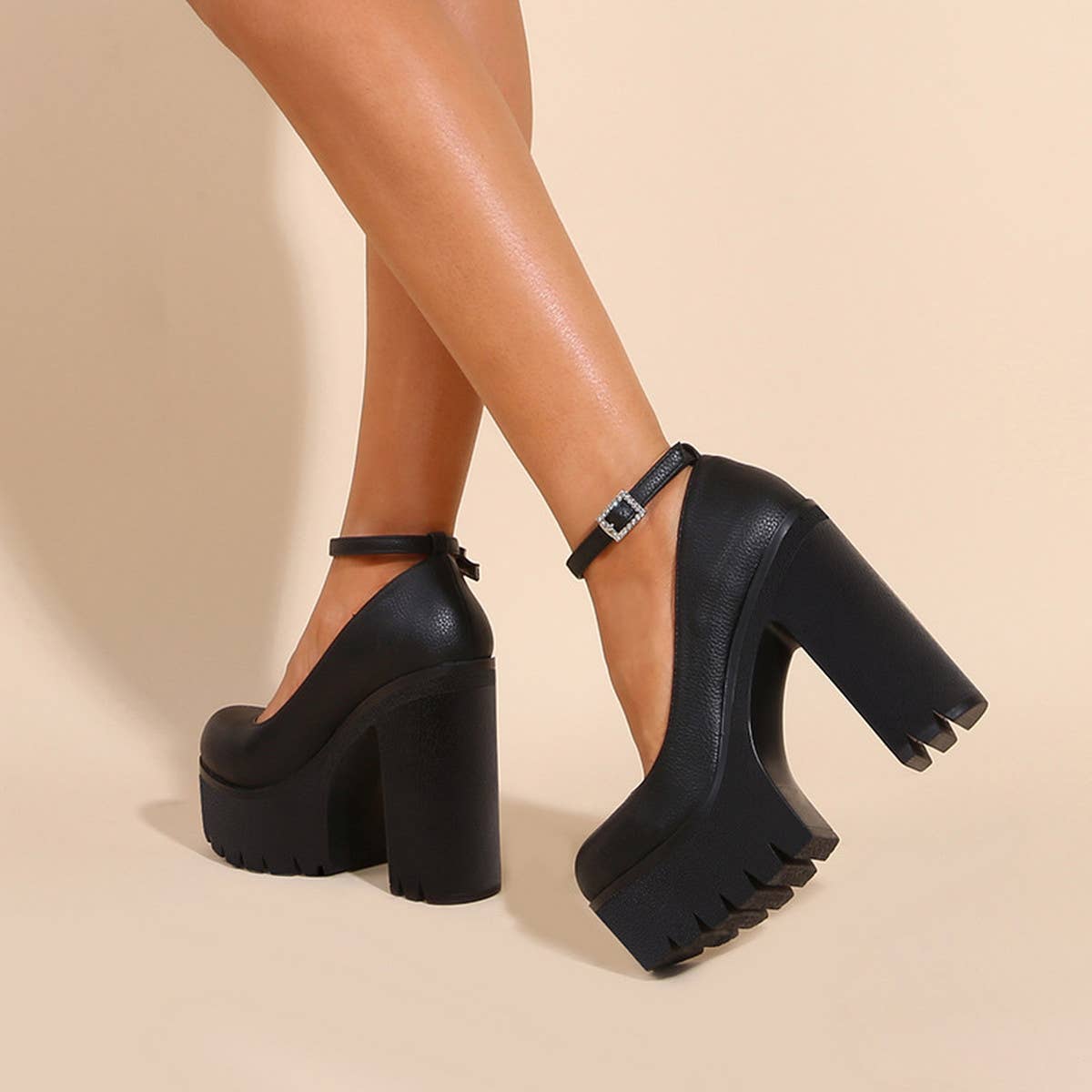 ROUND TOE FLAT BUCKLE PLATFORM HIGH HEELS
