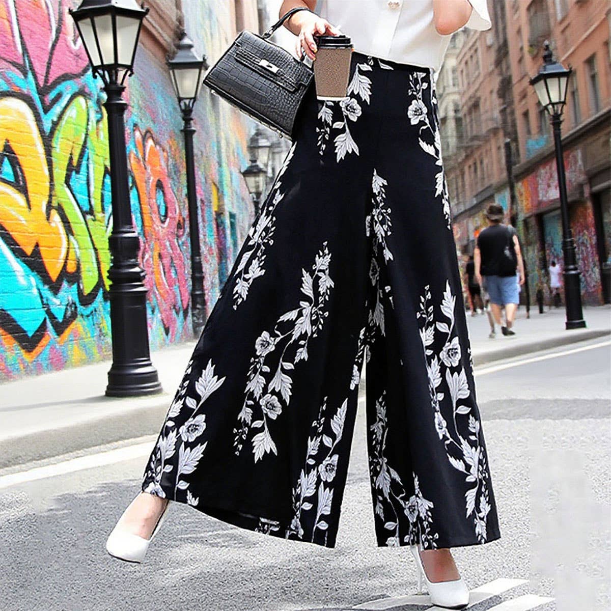 Pendant wide-leg print temperament slim pants