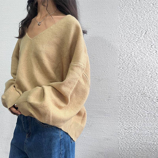 V-neck solid color loose wool sweater