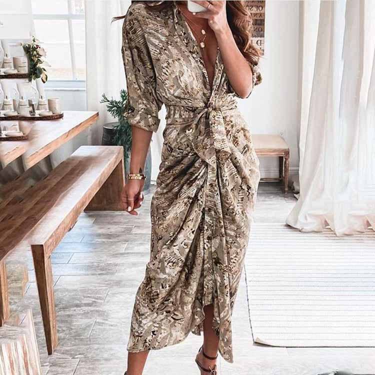 V-neck button-up long-sleeved shirt dress