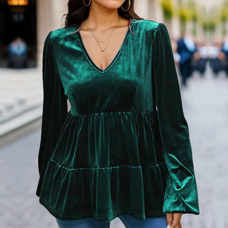 STYLISH VELVET PULLOVER WITH RUFFLED V-NECK
