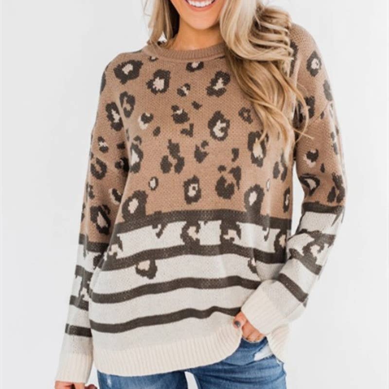 LEOPARD PRINT JACQUARD CREW-NECK PULLOVER SWEATER