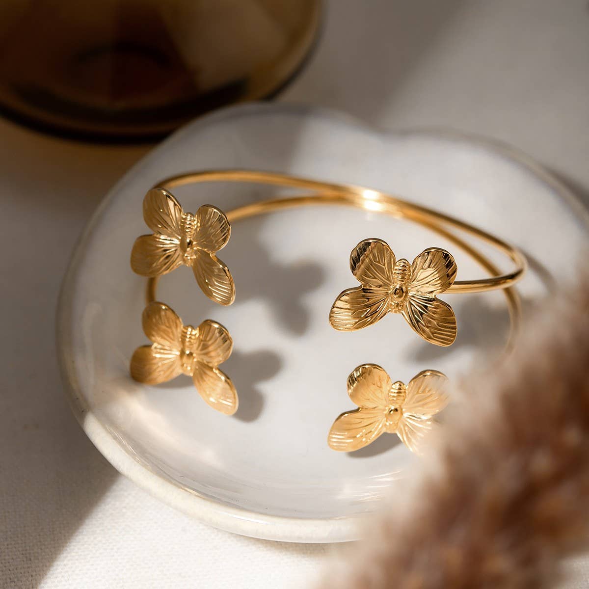 Stylish 18KGold Double Round Butterfly Open Bangle_CWAJE4716