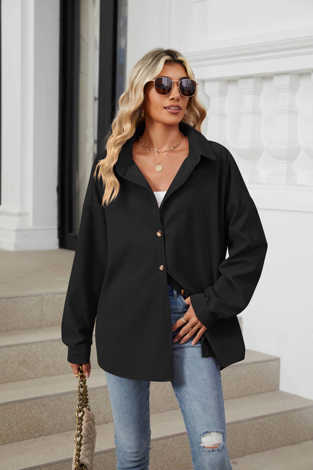 LAPEL BUTTON-DOWN LONG-SLEEVED SHIRT JACKET