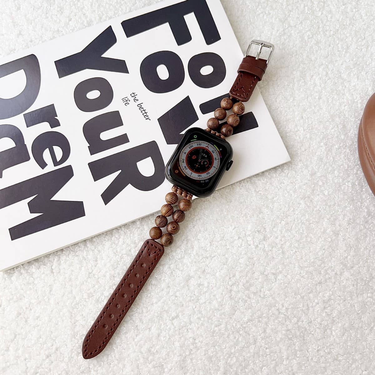 IWATCH9-1 SE WOODEN BEADS GENUINE LEATHER STRAP