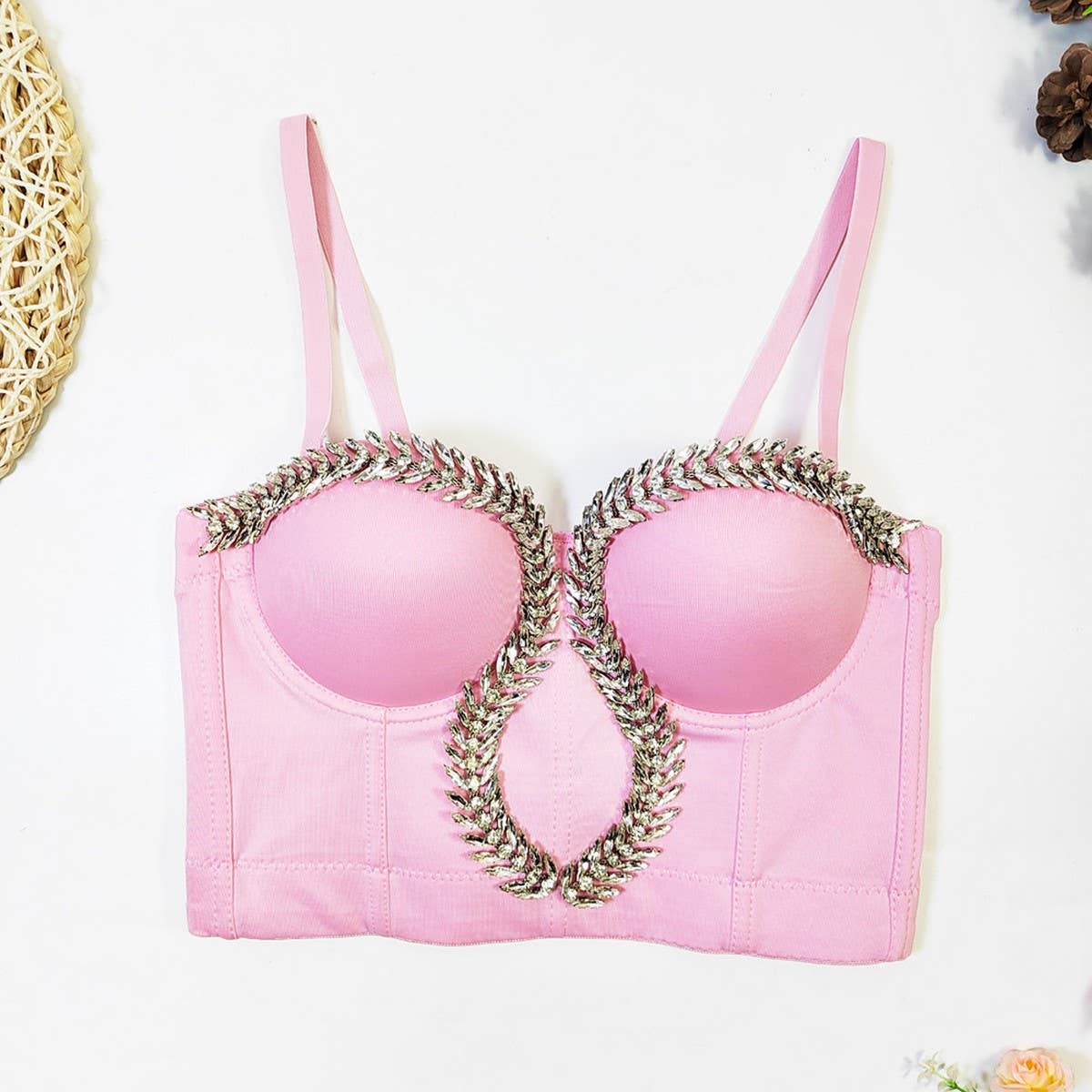 LEAF RHINESTONE HIGH-END HERRINGBONE CORSET_CWMM4178