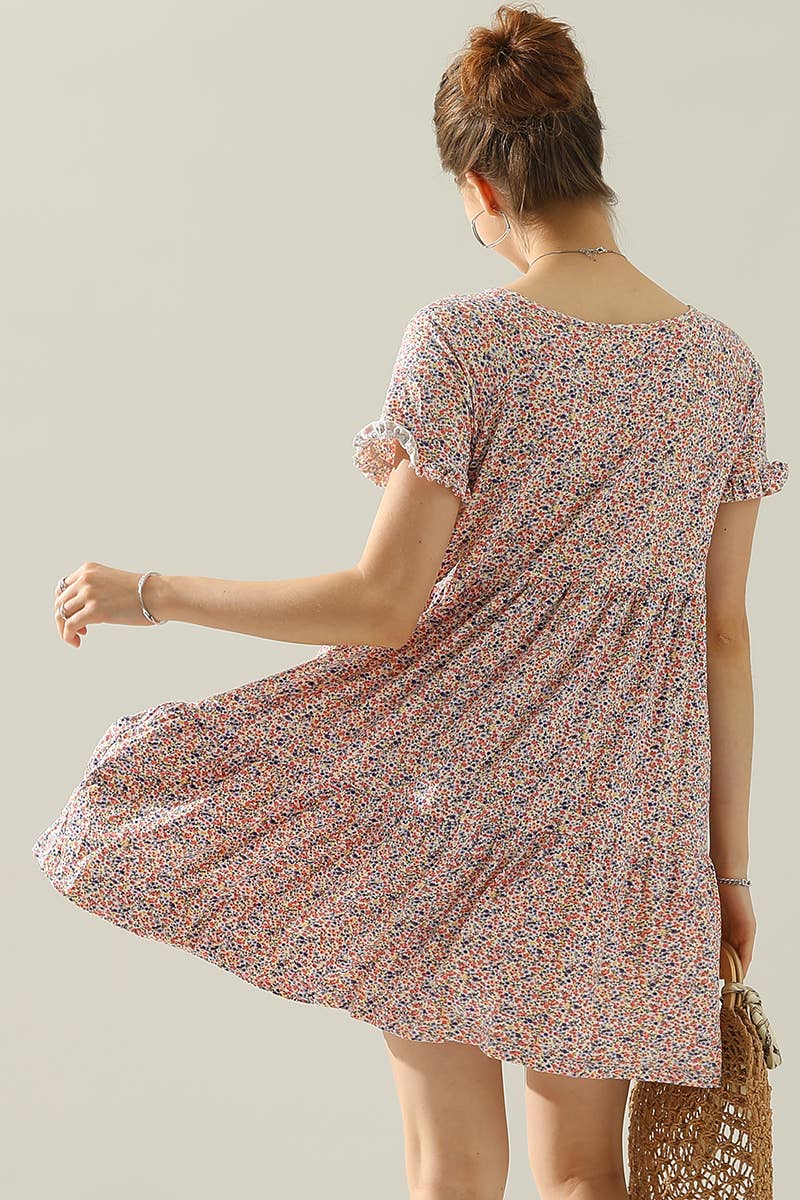 CWDSD10410_V NECK BUTTON DOWN WITH RUFFLE SLEEVE DRESS