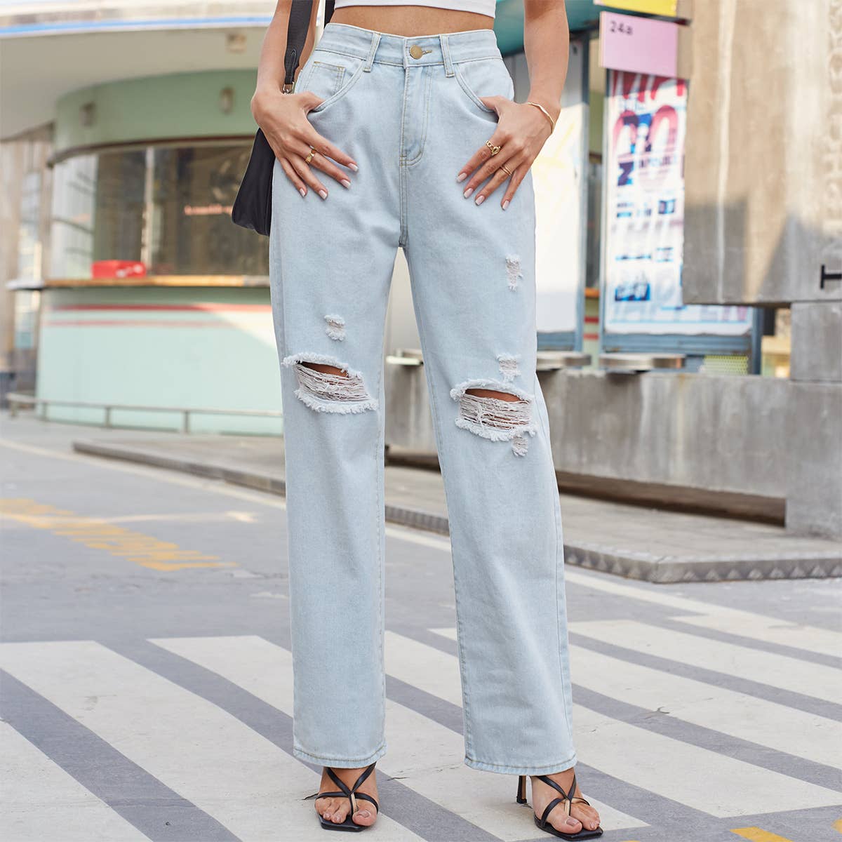 VINTAGE CASUAL RIPPED WASH DENIM PANTS