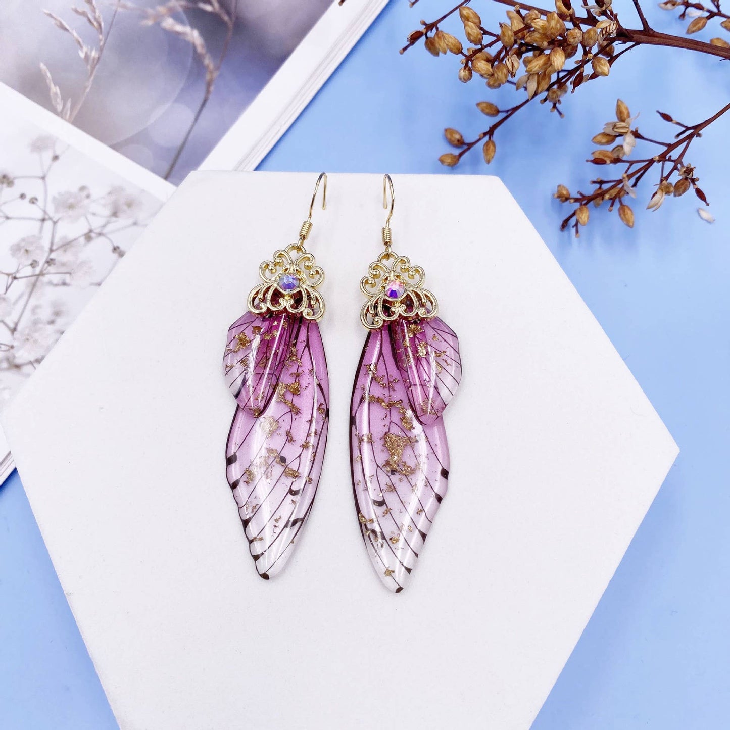 Elegant long earrings with cicada wing wings