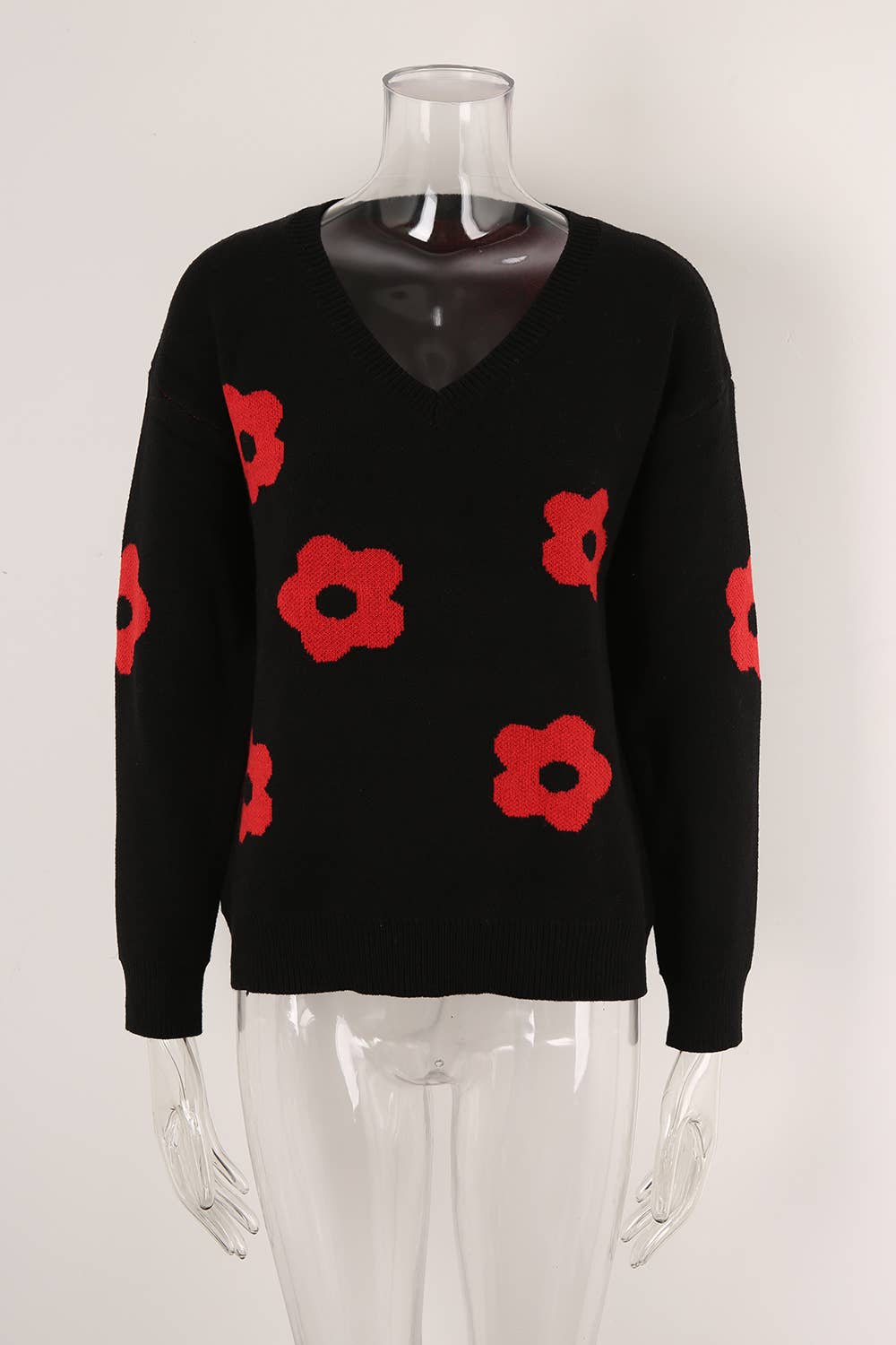 SWEATER V-NECK LONG SLEEVE FLOWER KNIT